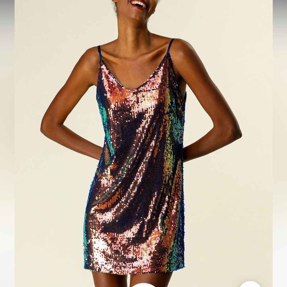 Allegra K mini dress L sequin purple green peacock party v-neck spaghetti